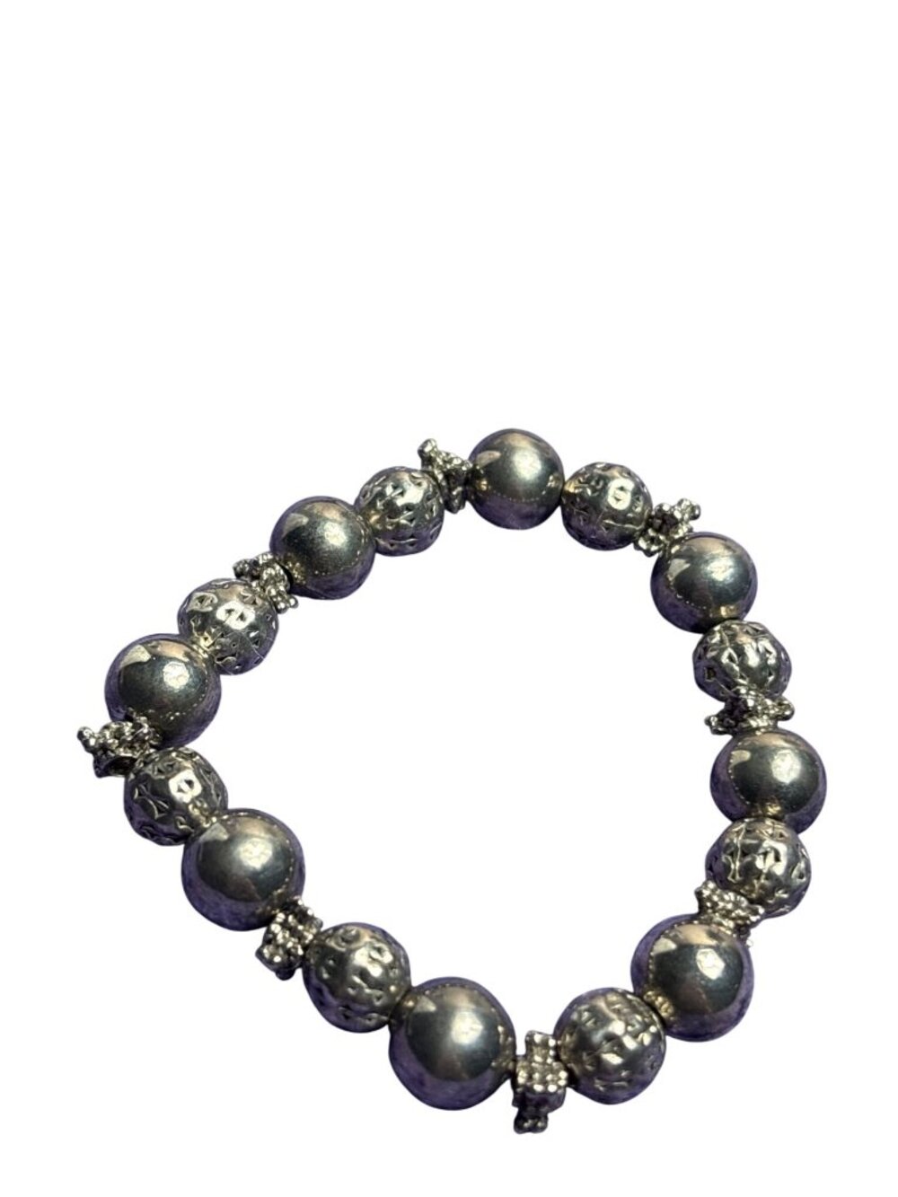 Vintage Silvertone Beaded Stretchy Bracelet Textured 6.5 inches Unstretched